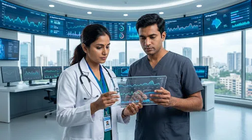 Indian doctors reviewing real-time patient analytics and AI diagnostics on a tablet in a high-tech hospital command room