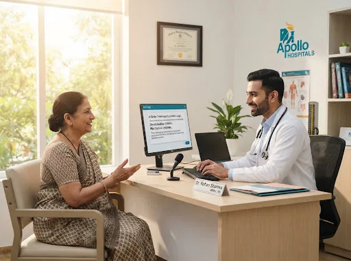 Modern Indian doctor consulting with patient in sunlit OPD clinic room speaking into AI scribe interface